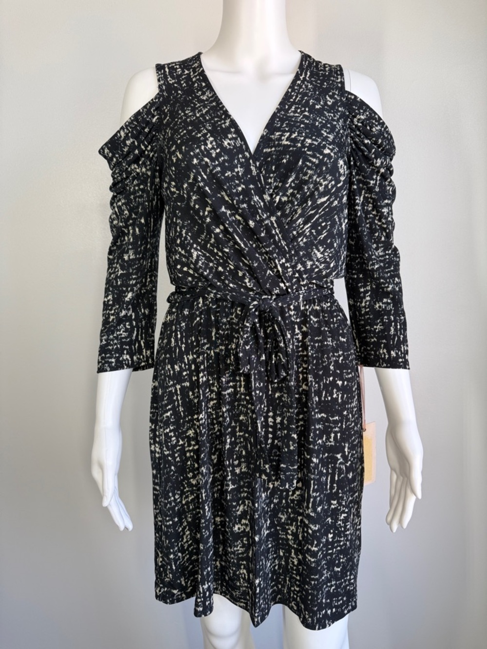 Hale Bob Cold Shoulder Wrap Dress Black Print S